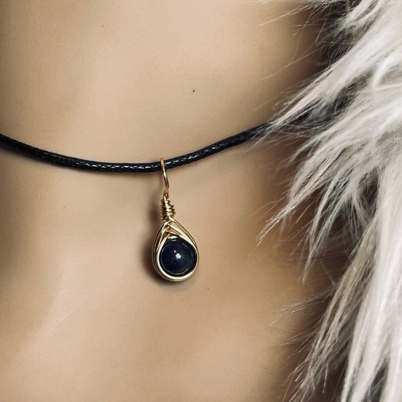 Lapiz Lazuli Pendant Hand Wire Wrapped With Gold Pl Wire - Picture 5 of 7